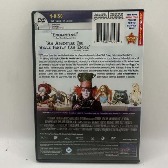 Alice In Wonderland DVD Johnny Depp Tim Burton Disney Movie Rated PG - Picture 2 of 3
